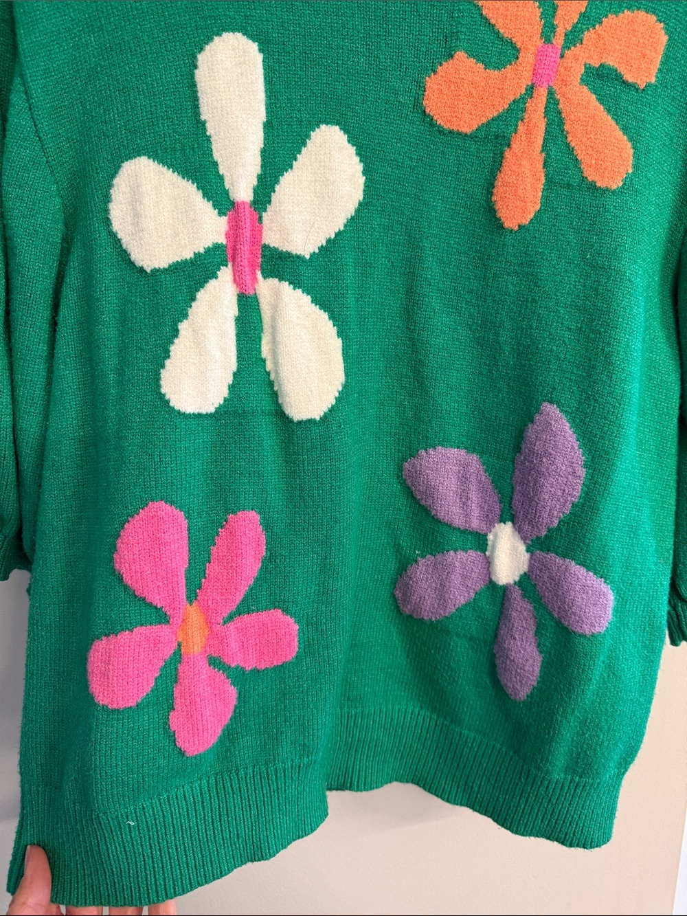 THML Green Floral Crewneck Sweater with Multicolor Flowers and Puff Sleeves - Picture 4 of 6